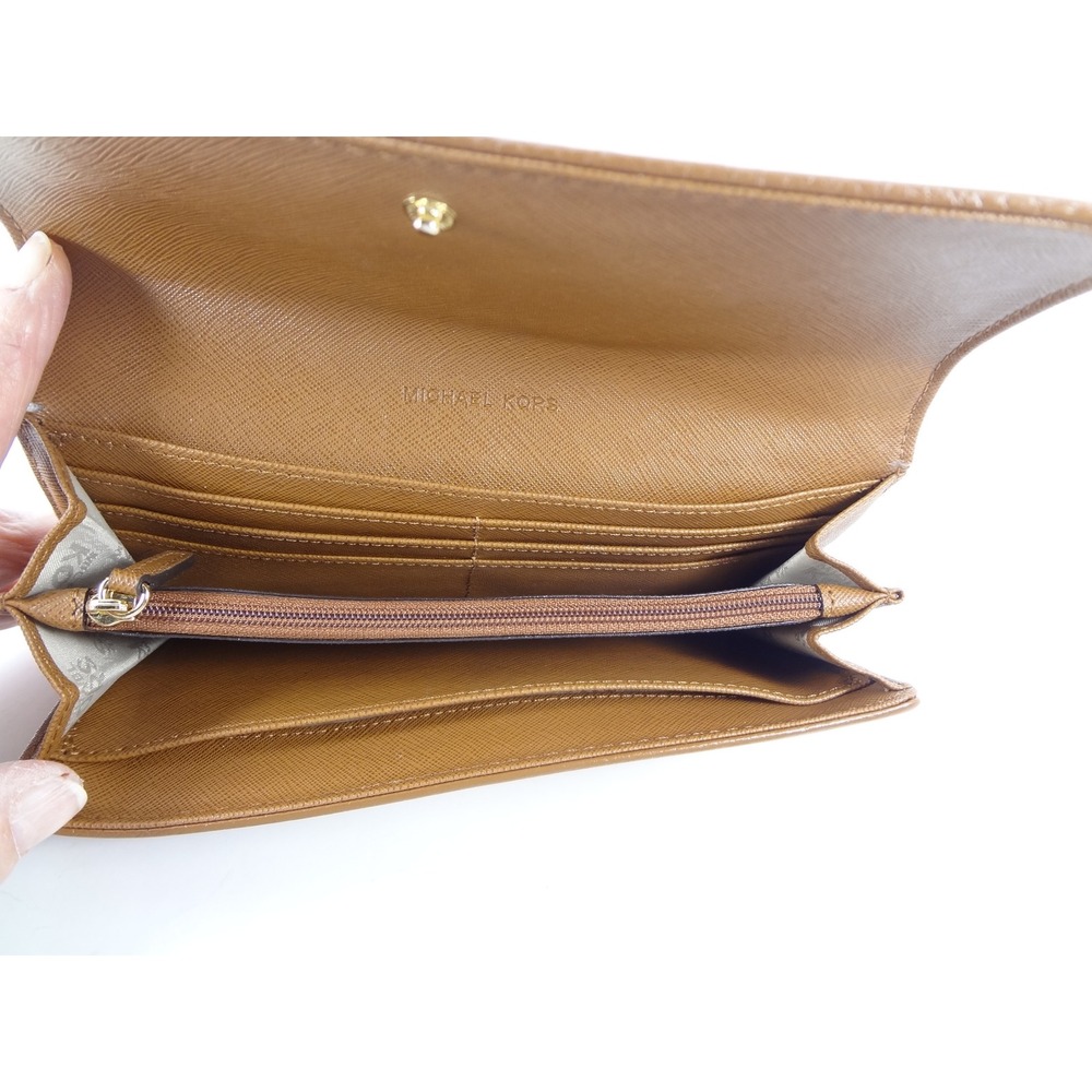 Michael Kors Fulton Flap Wallet Luggage Brown Pebbled Leather Gold MK Logo - Picture 7 of 7